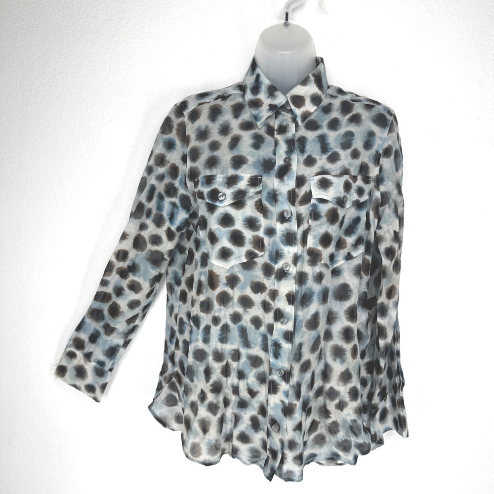 Massimo Dutti Silk Cotton Abstract Dot Print Button Down Shirt Blue Grey 6 Sheer